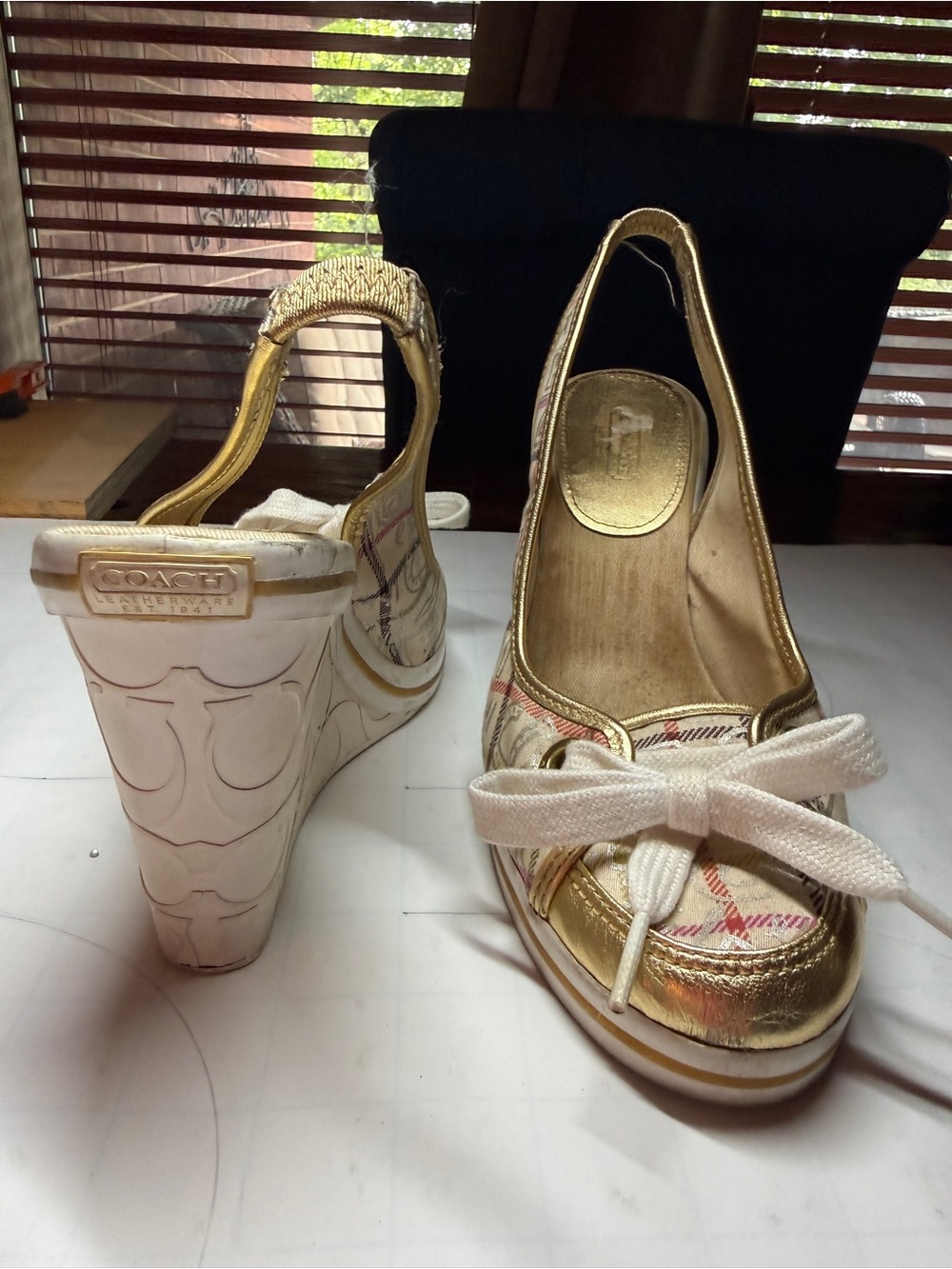 Coach Gold Plaid Slingback Bow Mules - Picture 2 of 4